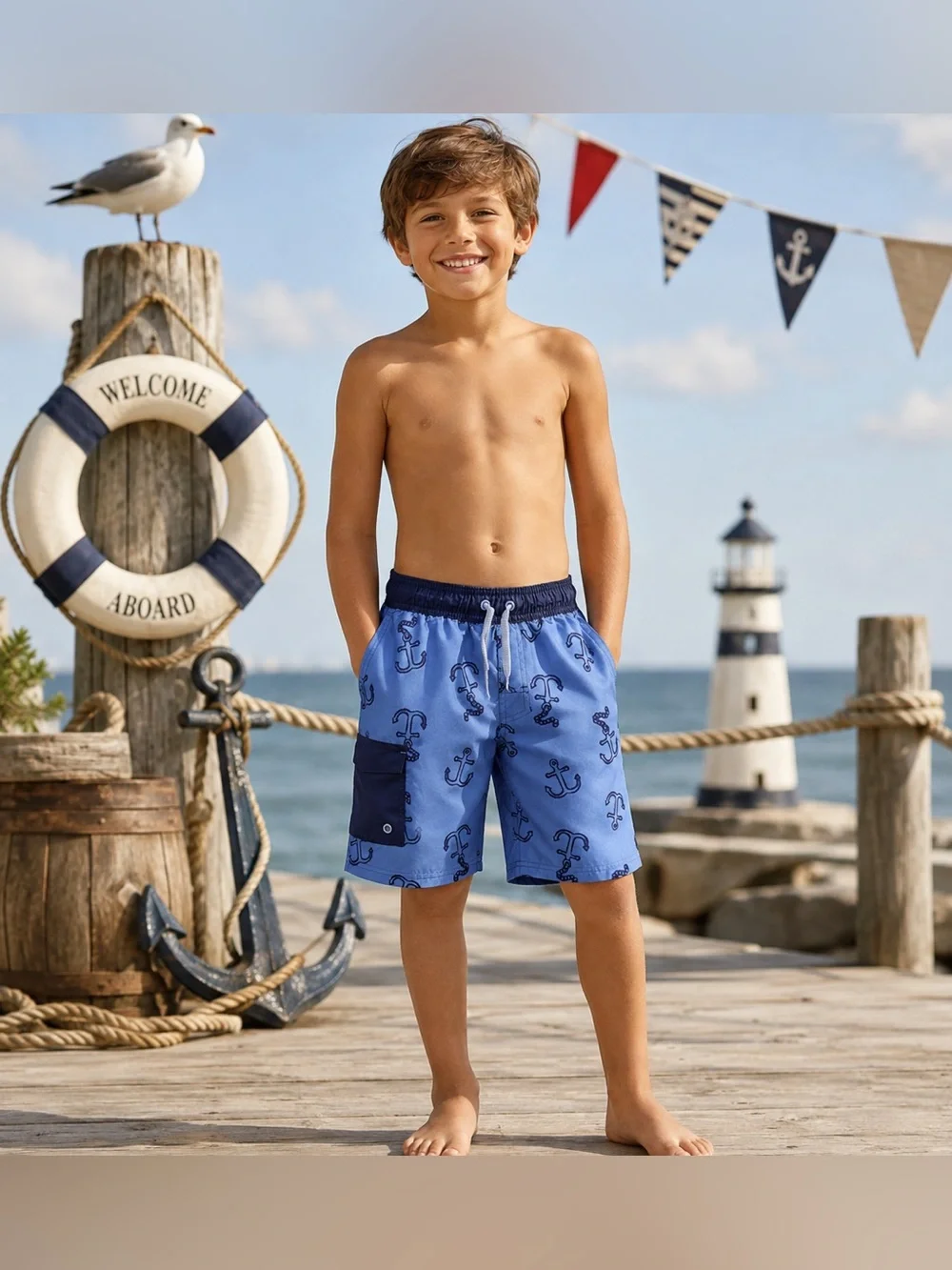 Cat & Jack Boys Swim Trunks Light Blue Navy Anchors Mesh Lined Shorts Size 8/10
